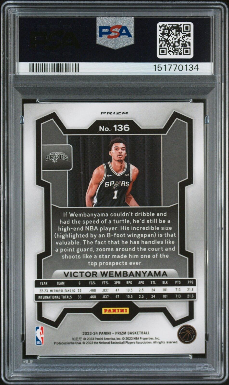 2023 Panini Prizm 136 Victor Wembanyama Pink Ice PSA 10 – PSA graded trading card image 2